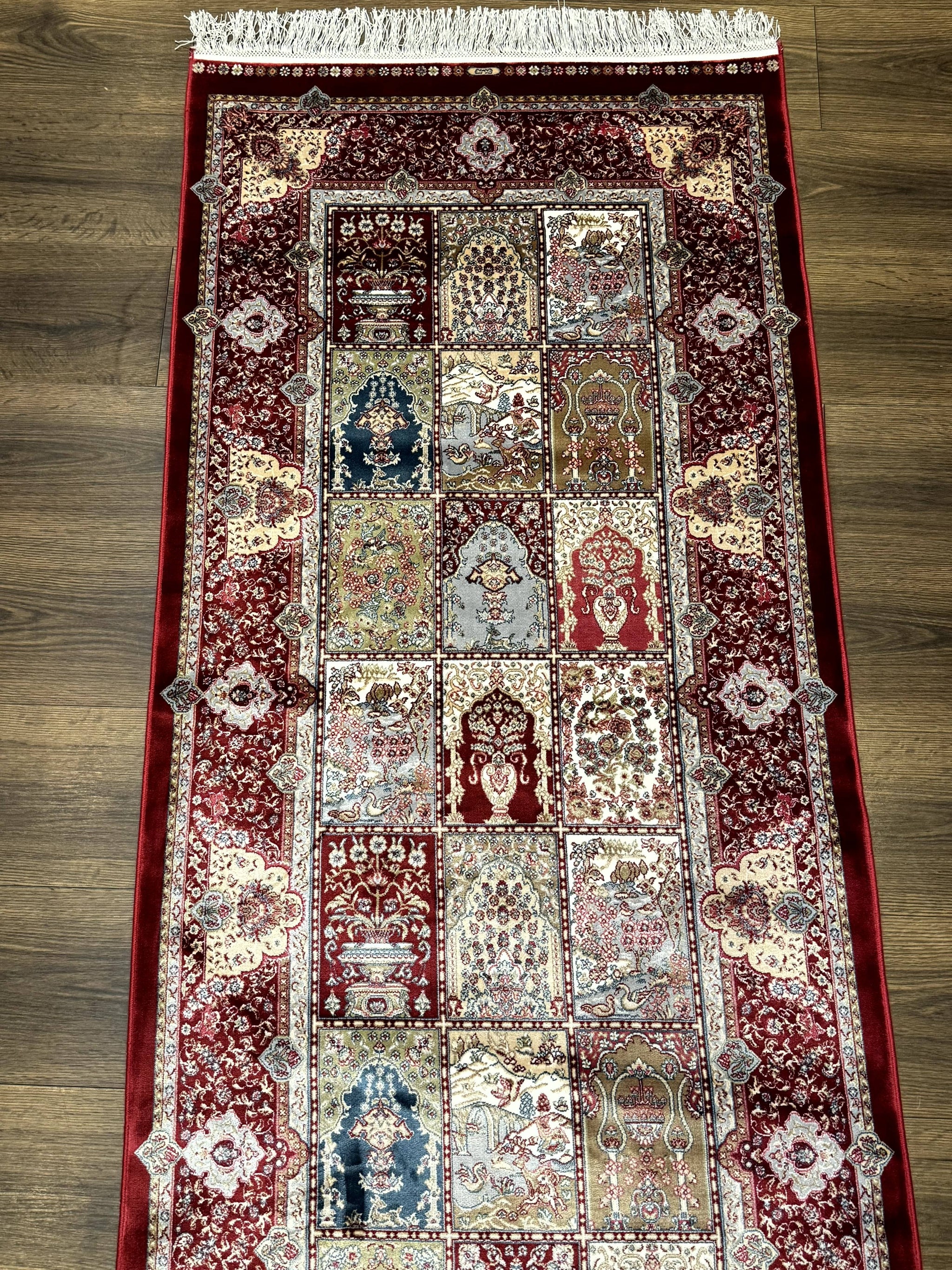 Turkish Silk Runner Rug 2.6 x 11.6, Panel Design, Dark Red Ivory, Bamboo Silk, New by Jewel Rugs