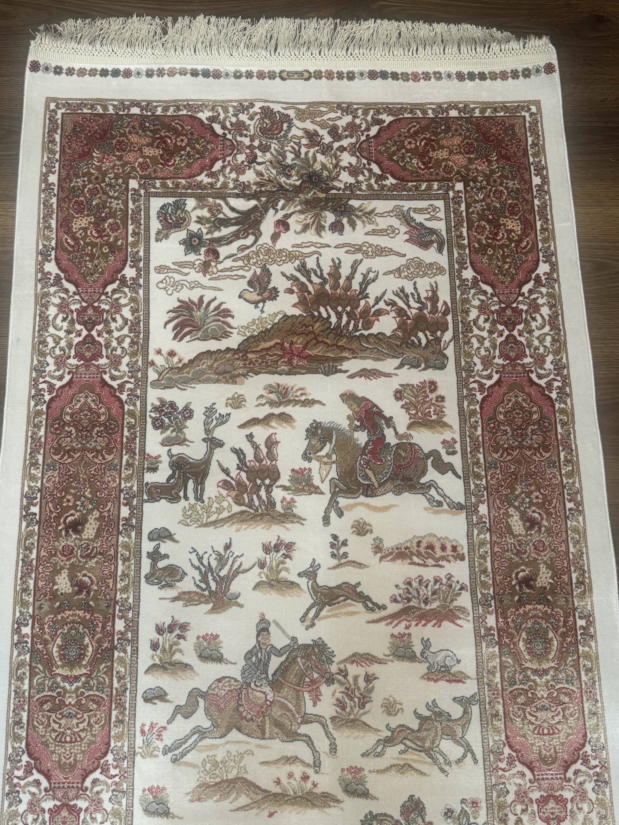 Long Turkish Silk Runner Rug 2.6 x 16.5, Hunting Design, Ivory, Bamboo Silk, New by Jewel Rugs