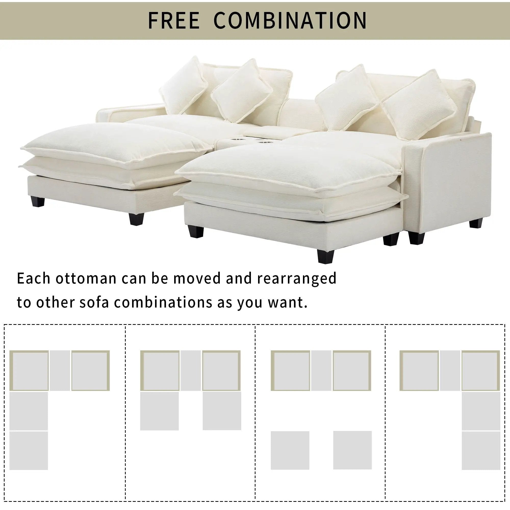 Sectional Sofa Upholstered Sofa With Two Removable Ottoman, Two USB Ports, Two Cup Holders And Large Storage Box For Living Room by HouseOfZazla