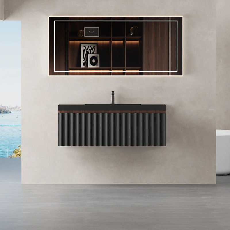 42" Floating Bathroom Vanity with Sink and Striped Storage Cabinet by HouseOfZazla