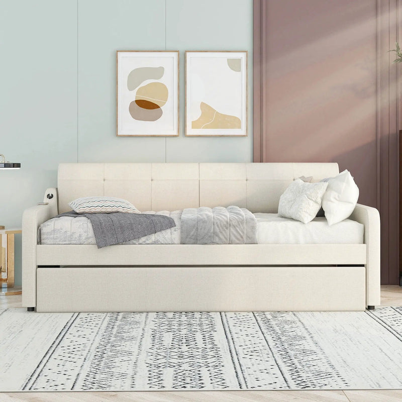 Upholstered Daybed With Trundle And USB Charging