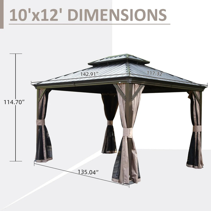 10' x 12' Hardtop Gazebo with Galvanized Steel Double Roof, Curtains, and Netting by HouseOfZazla