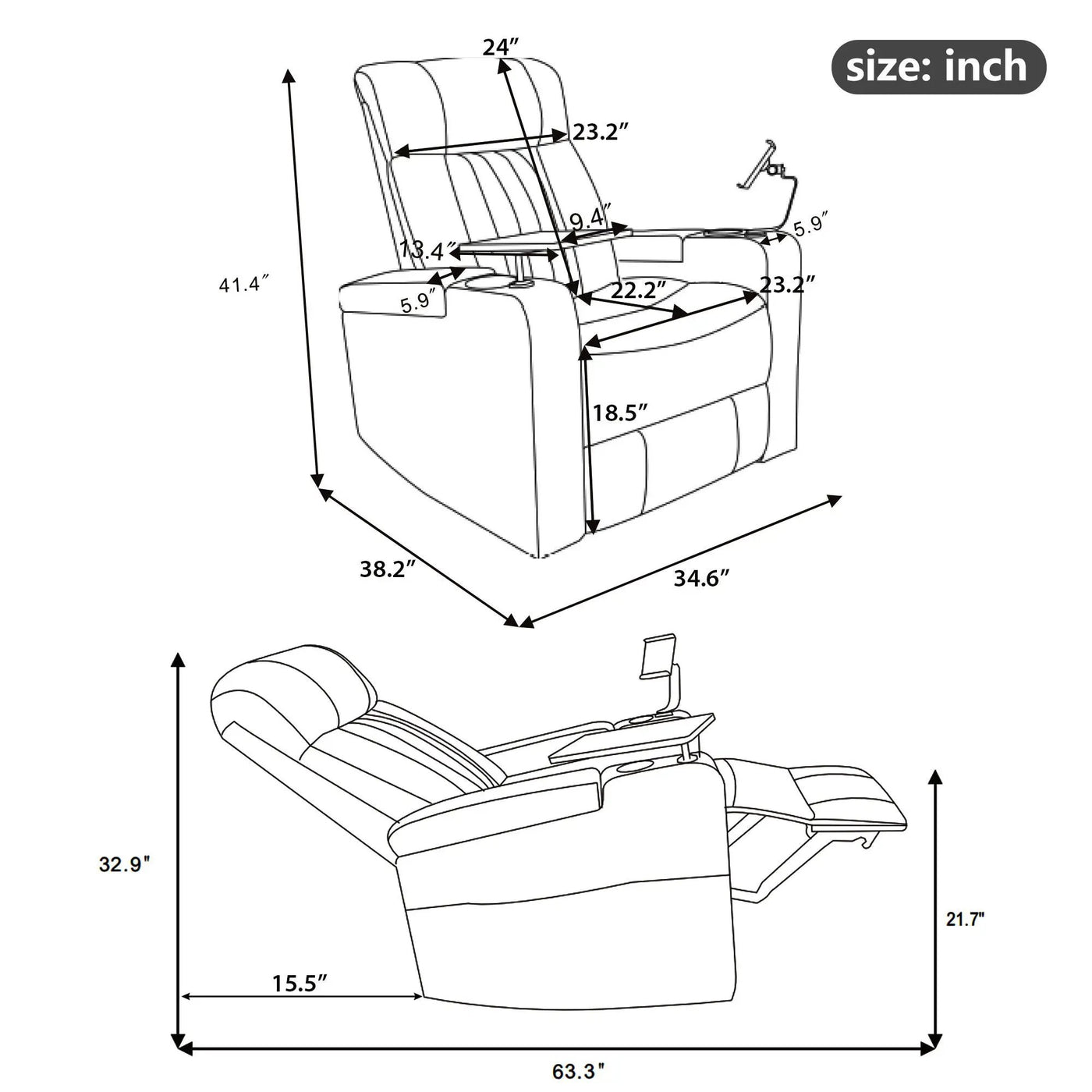 270° Power Swivel Recliner Home Theater Chair With Hidden Arm Storage, LED Light, Cup Holder, And Tray Table by Unique Piece Furniture