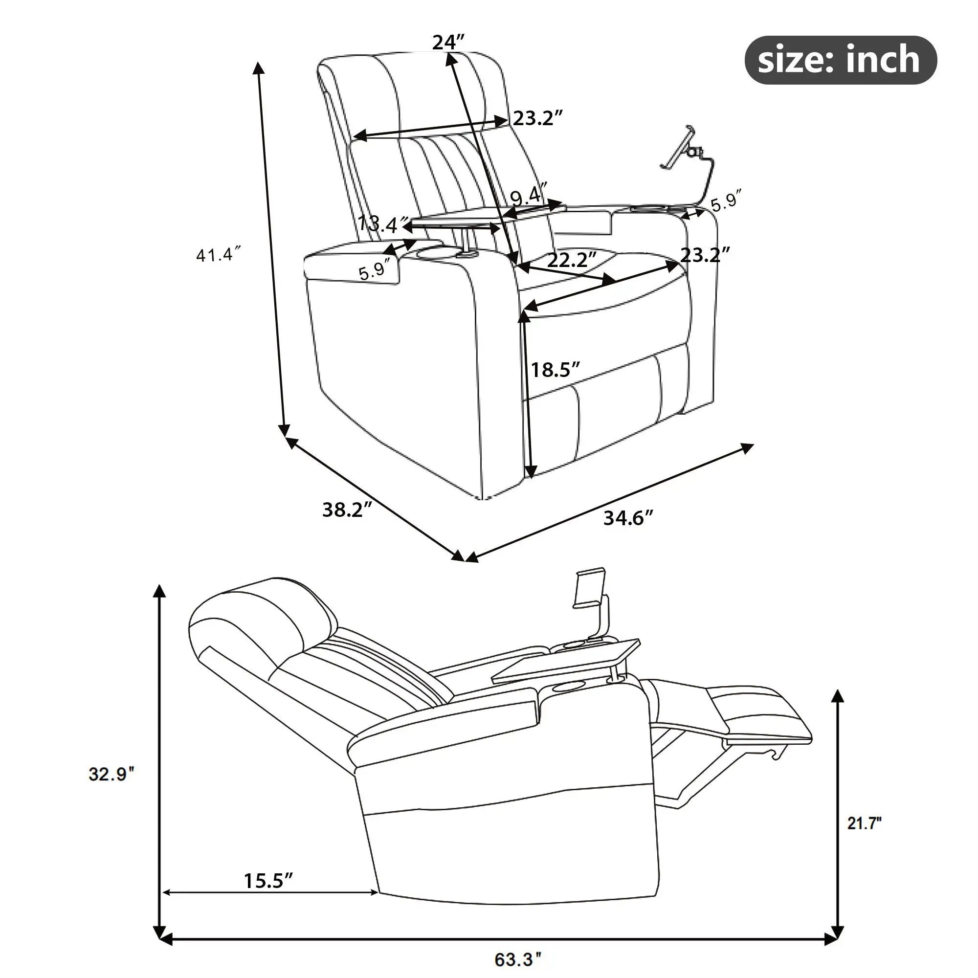 270° Power Swivel Recliner Home Theater Chair With Hidden Arm Storage, LED Light, Cup Holder, And Tray Table by HouseOfZazla