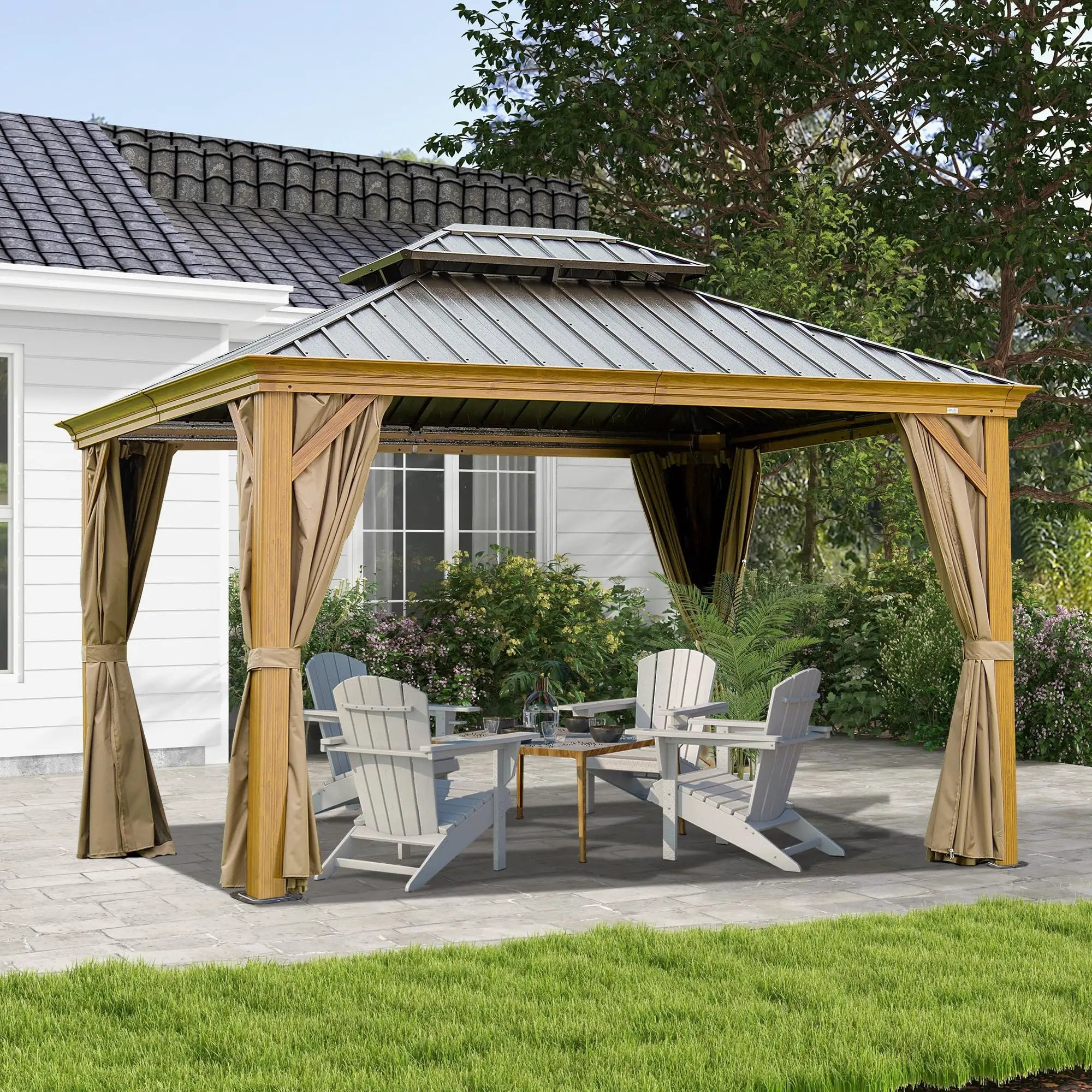 10' x 14' Hardtop Gazebo with Galvanized Steel Double Roof and Wood Grain Frame by HouseOfZazla