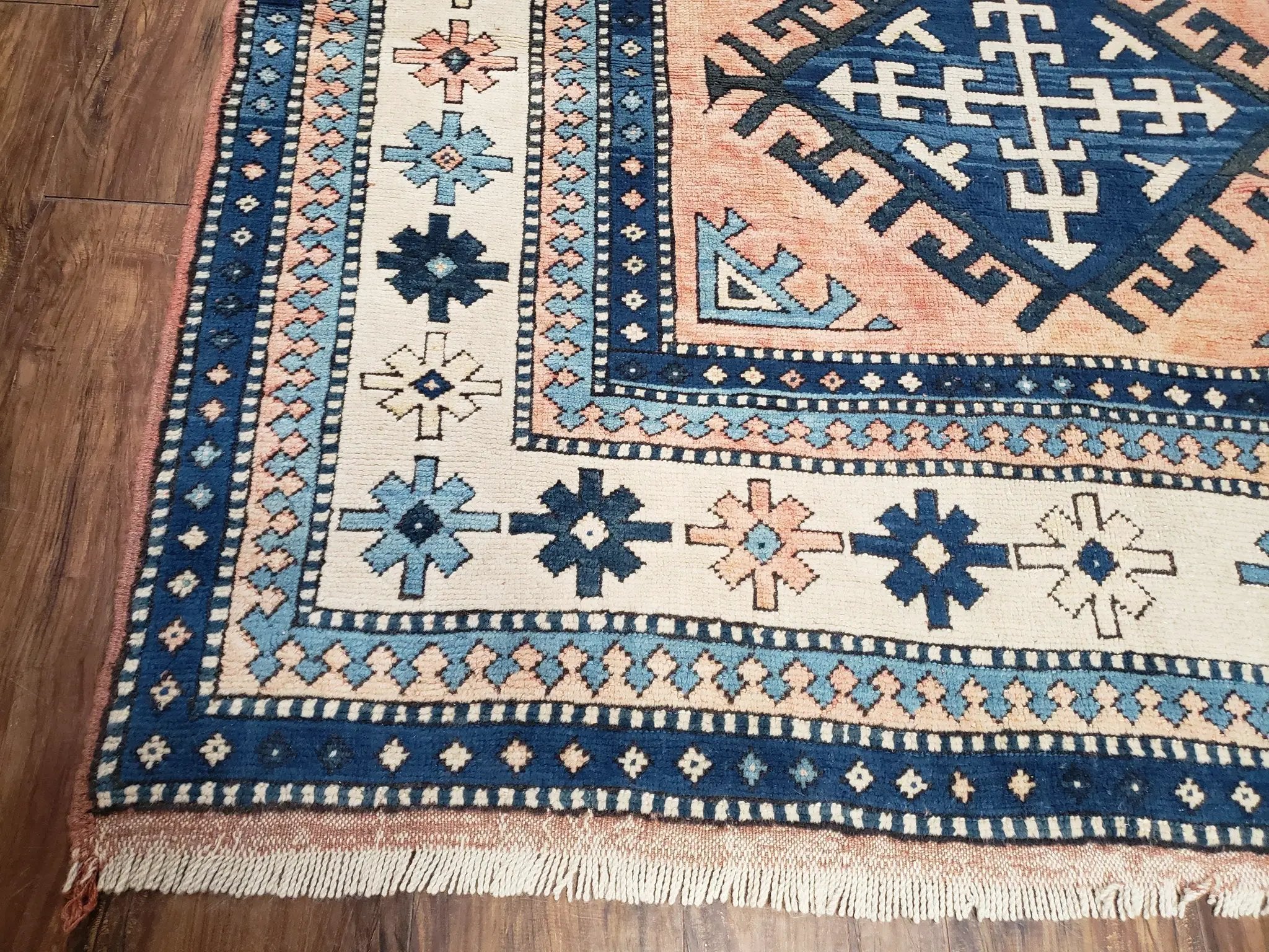 Turkish Kazak Rug 5x8 ft, Bold Geometric Bohemian Carpet, Blue and Ivory Hand Knotted Area Rug, Medium Sized High Quality Wool Oriental Rug by Jewel Rugs