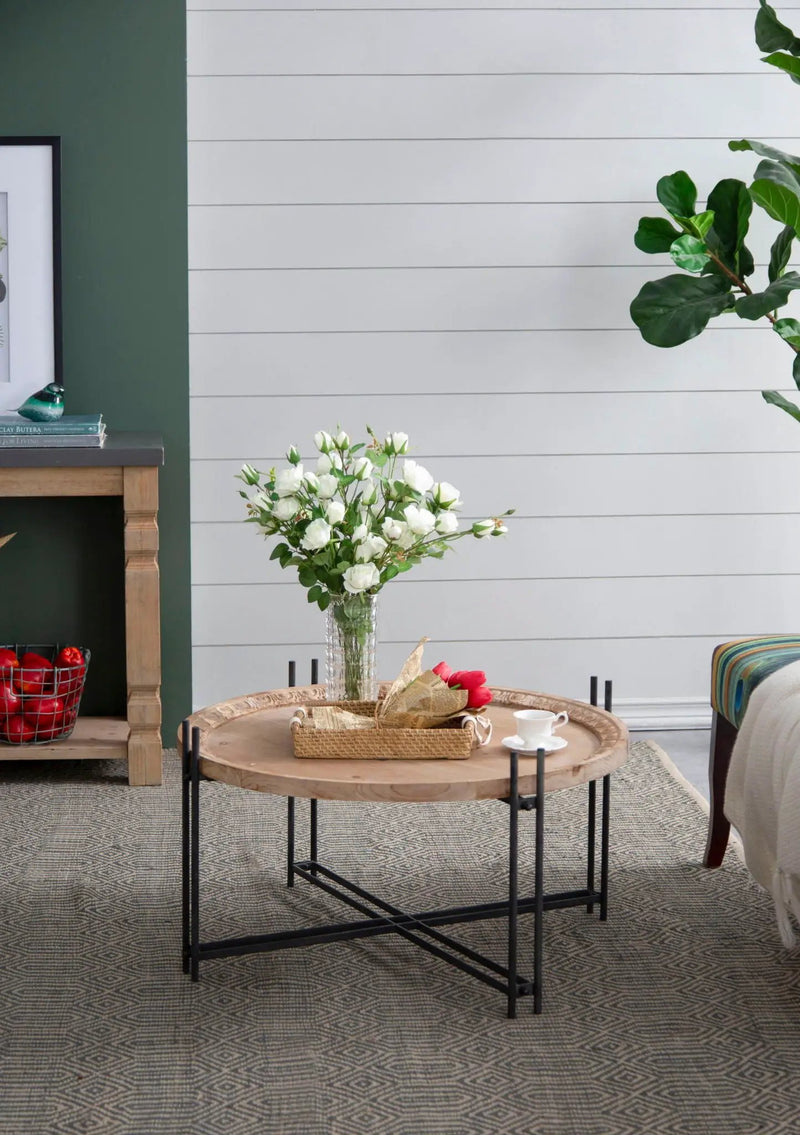 Farmhouse Round Wooden Round Coffee Table With Metal Legs - Black / Brown by HouseOfZazla