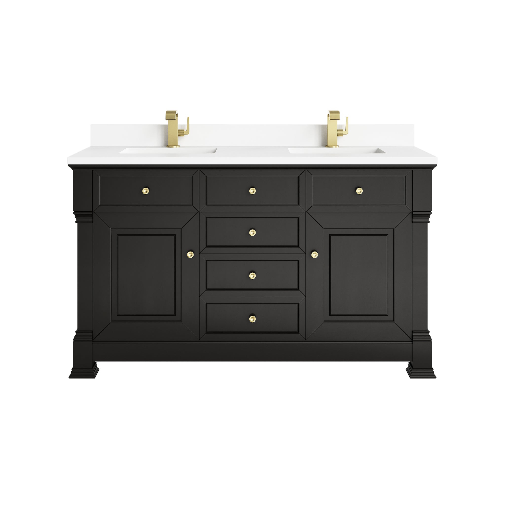 James Martin Brookfield 60" Double Bathroom Vanity, Black Onyx with White Zeus (Single Hole, with Backsplash) countertop