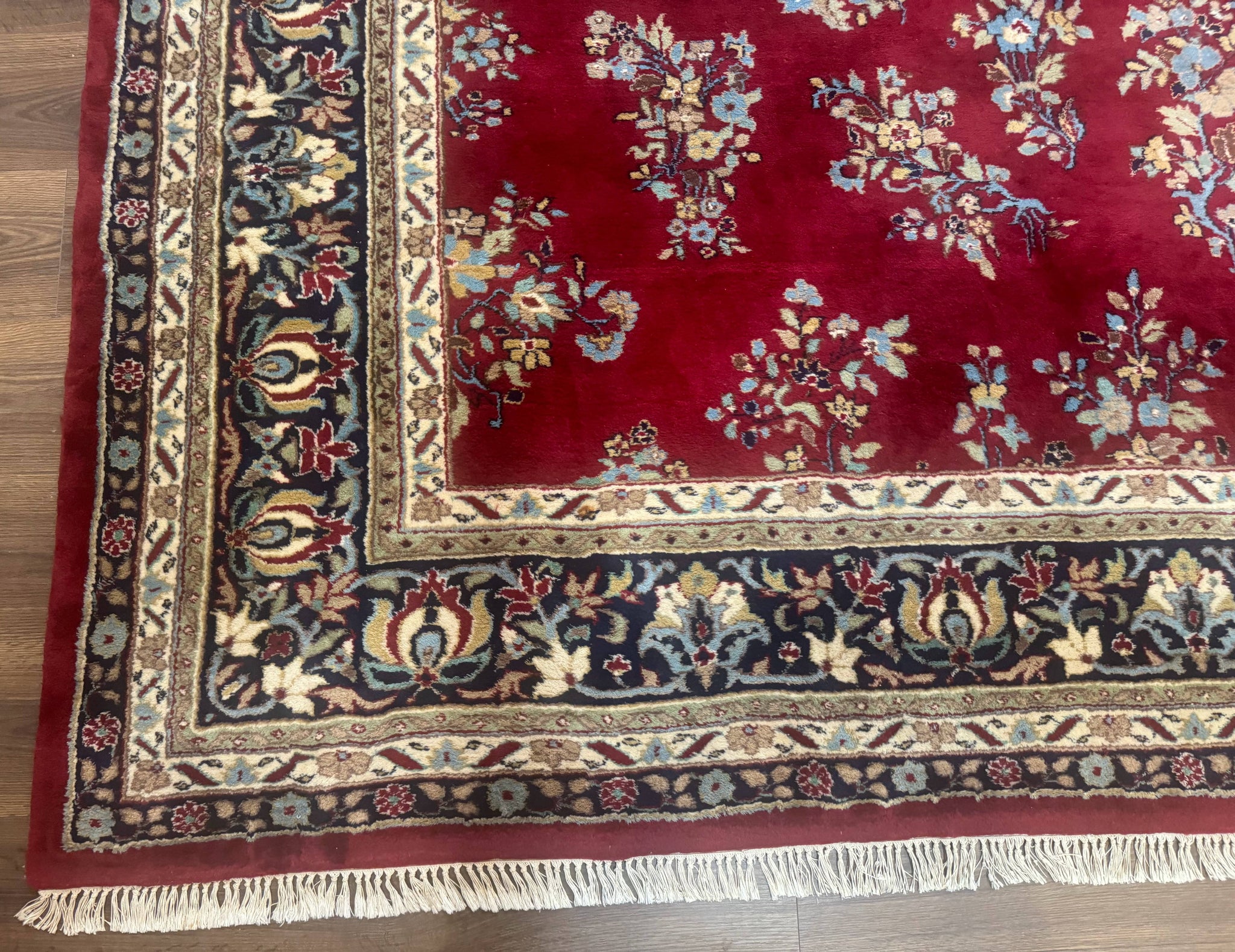 Indo Persian Sarouk Rug 10x14, Large Red and Navy Blue Carpet, Traditional Floral Wool Rug by Jewel Rugs