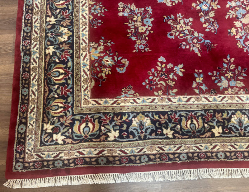 Indo Persian Sarouk Rug 10x14, Large Red and Navy Blue Carpet, Traditional Floral Wool Rug by Jewel Rugs