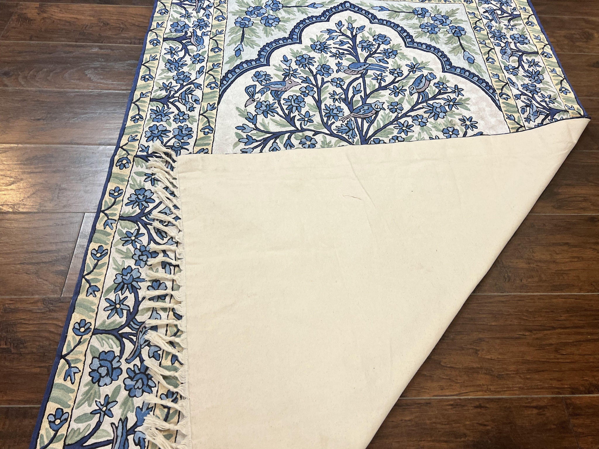 Tree of Life Indian Hand Stitched Rug 4x6, Indian Wall Hanging Rug, Ivory Blue, Silk on Cotton, Vintage by Jewel Rugs