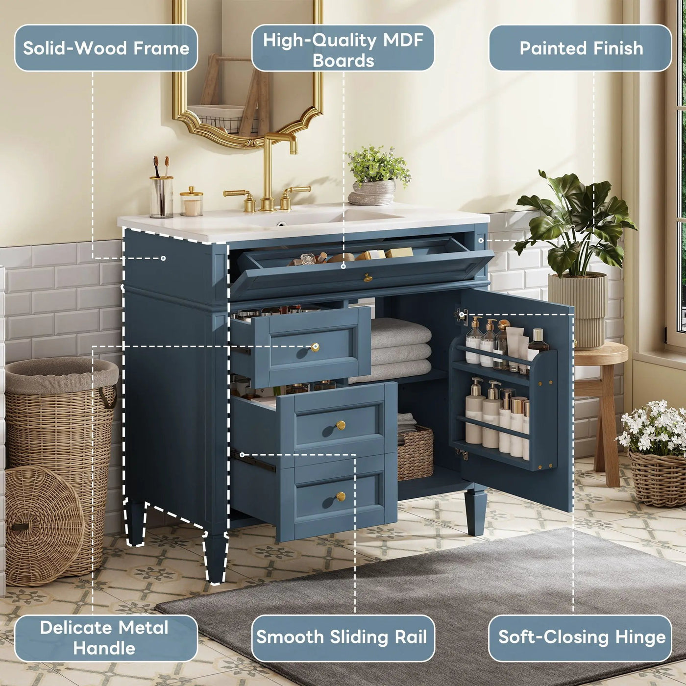 Bathroom Vanity With Top Sink, 2 Drawers And Tip Out Drawer by Unique Piece Furniture