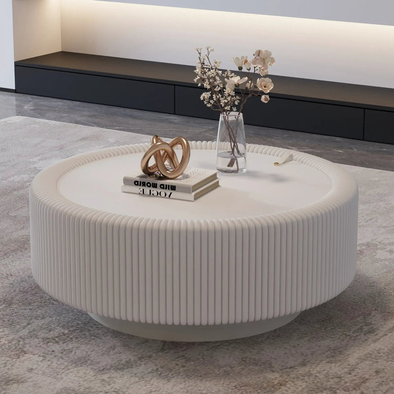 White Round Fluted Coffee Table with Hidden Storage by HouseOfZazla