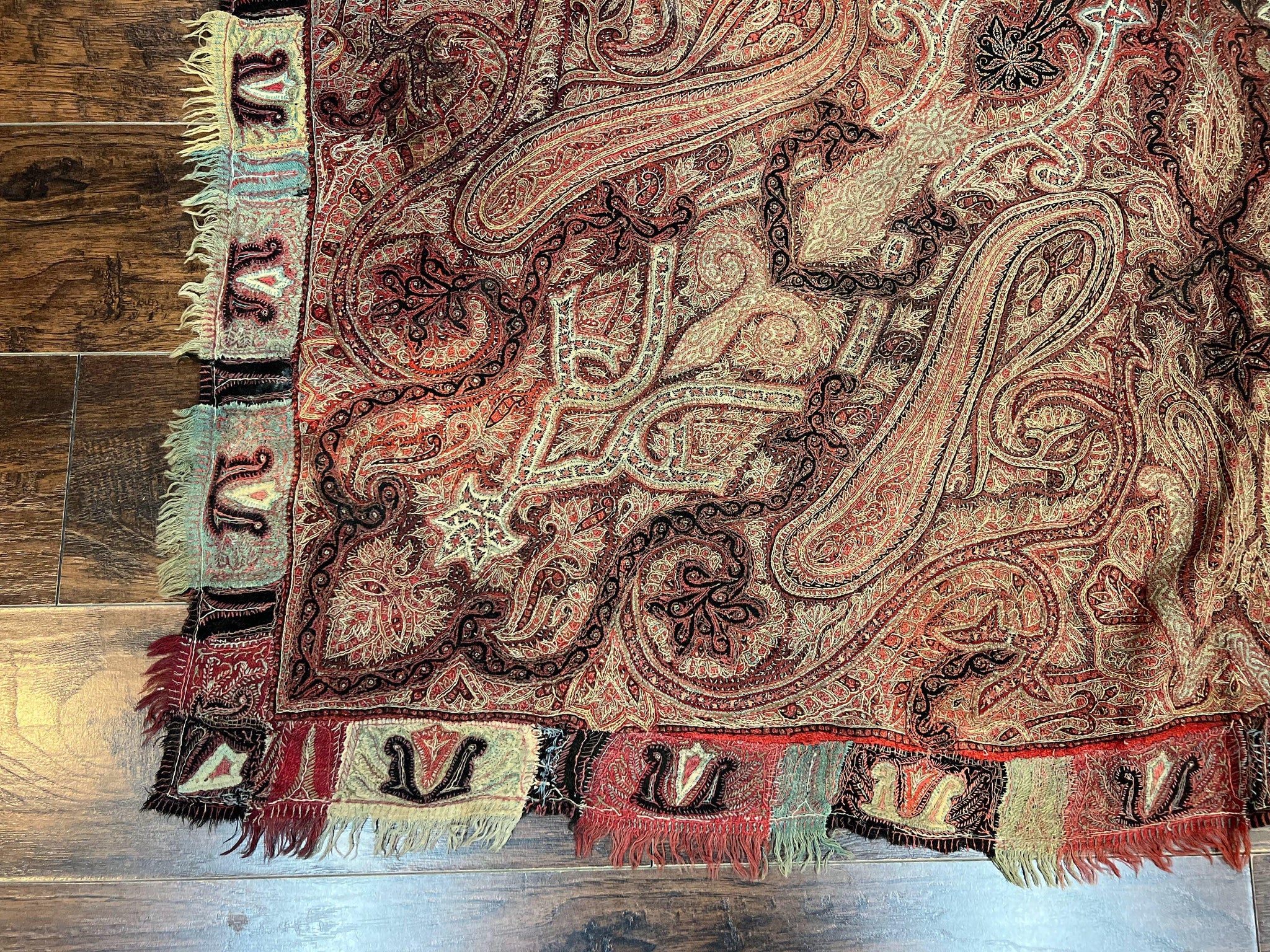 Antique Indian Kashmiri Shawl, Needlework, Signed By Masterweaver, Handmade, Rare by Jewel Rugs