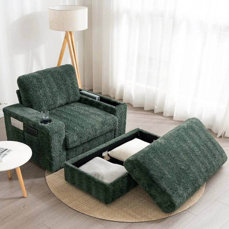 Oversized Chaise Lounge Indoor Rabbit Fur Sofa Bed With Storage Ottoman And Armrests Cup Holders With Deep Seat by HouseOfZazla