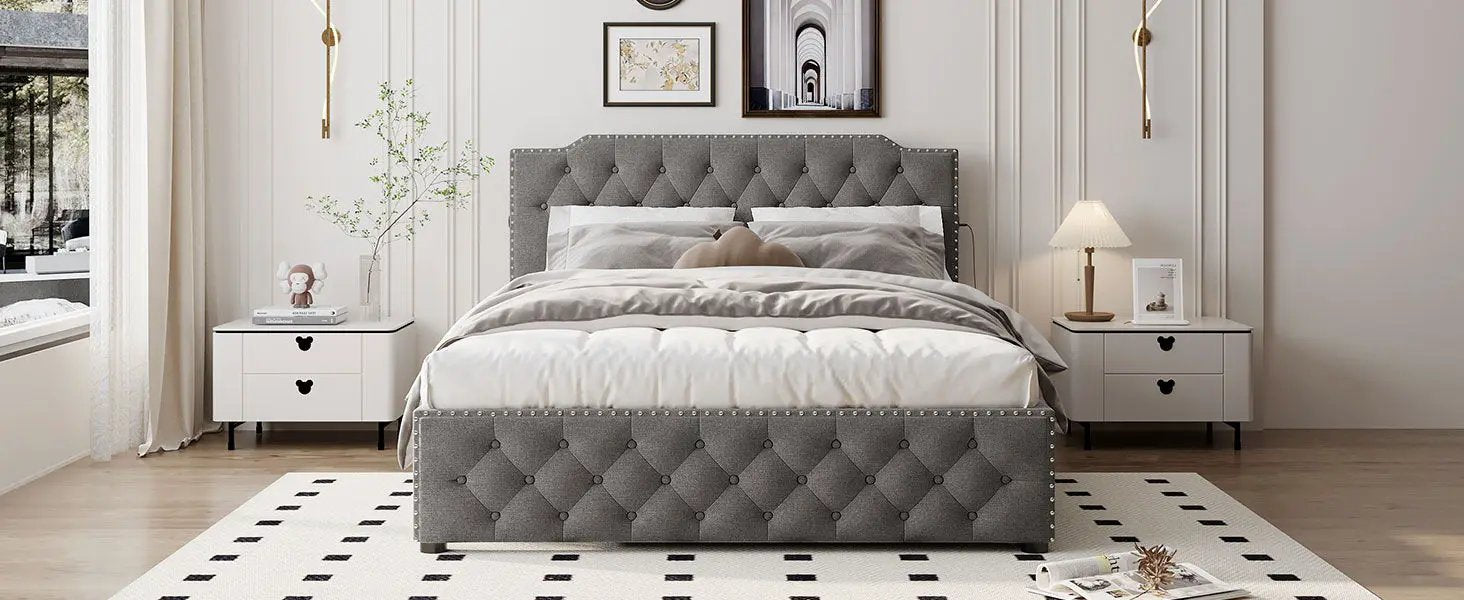 Upholstered Platform Bed With Trundle And 2 Sets Of USB Ports On Each Side, Fabric by HouseOfZazla