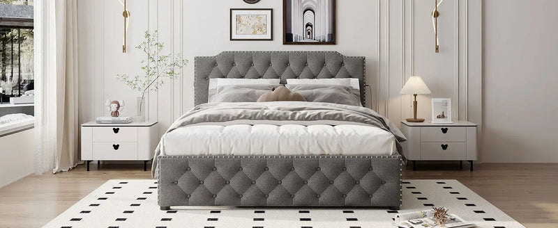 Upholstered Platform Bed With Trundle And 2 Sets Of USB Ports On Each Side, Fabric by HouseOfZazla