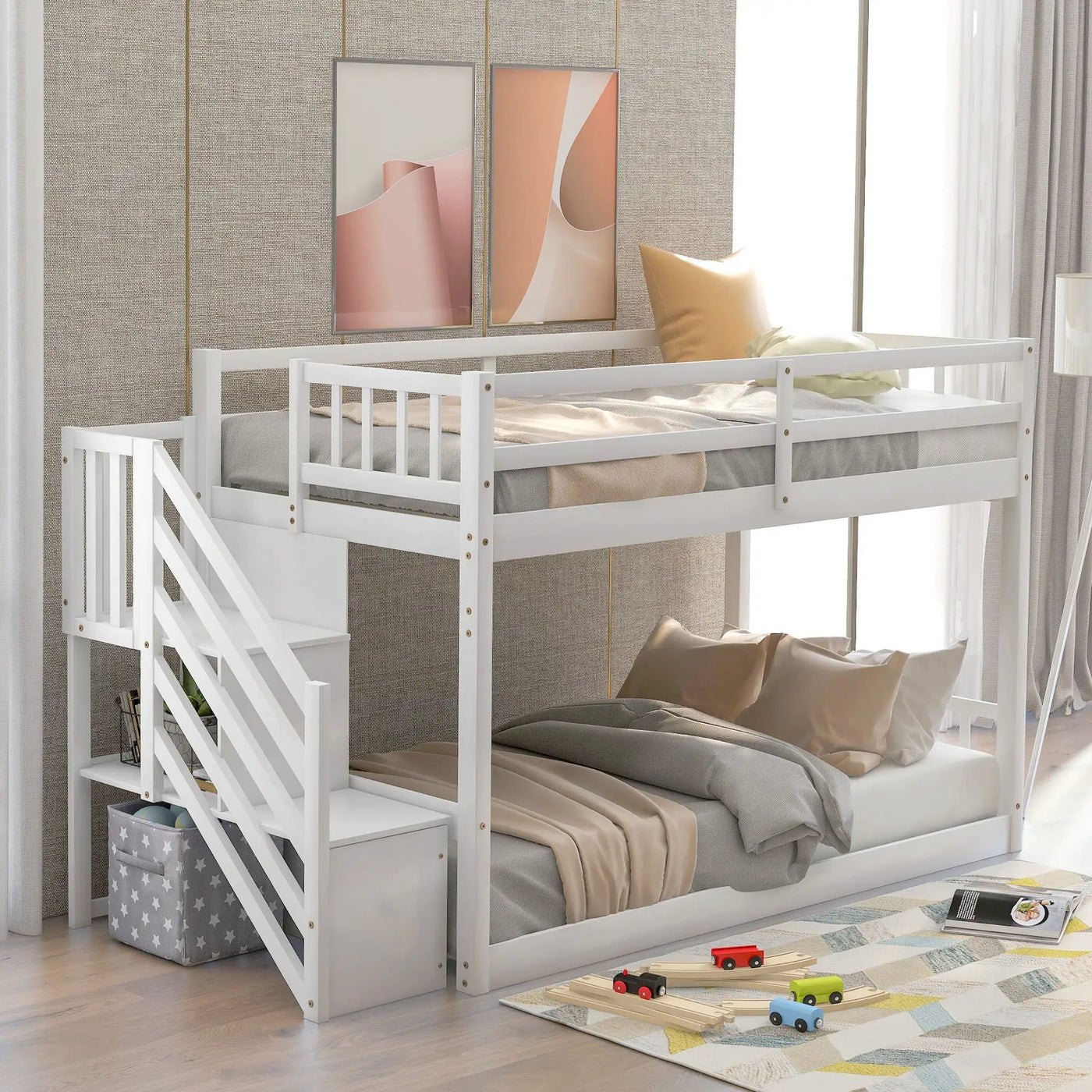 Twin Over Twin Floor Bunk Bed, Ladder With Storage by HouseOfZazla