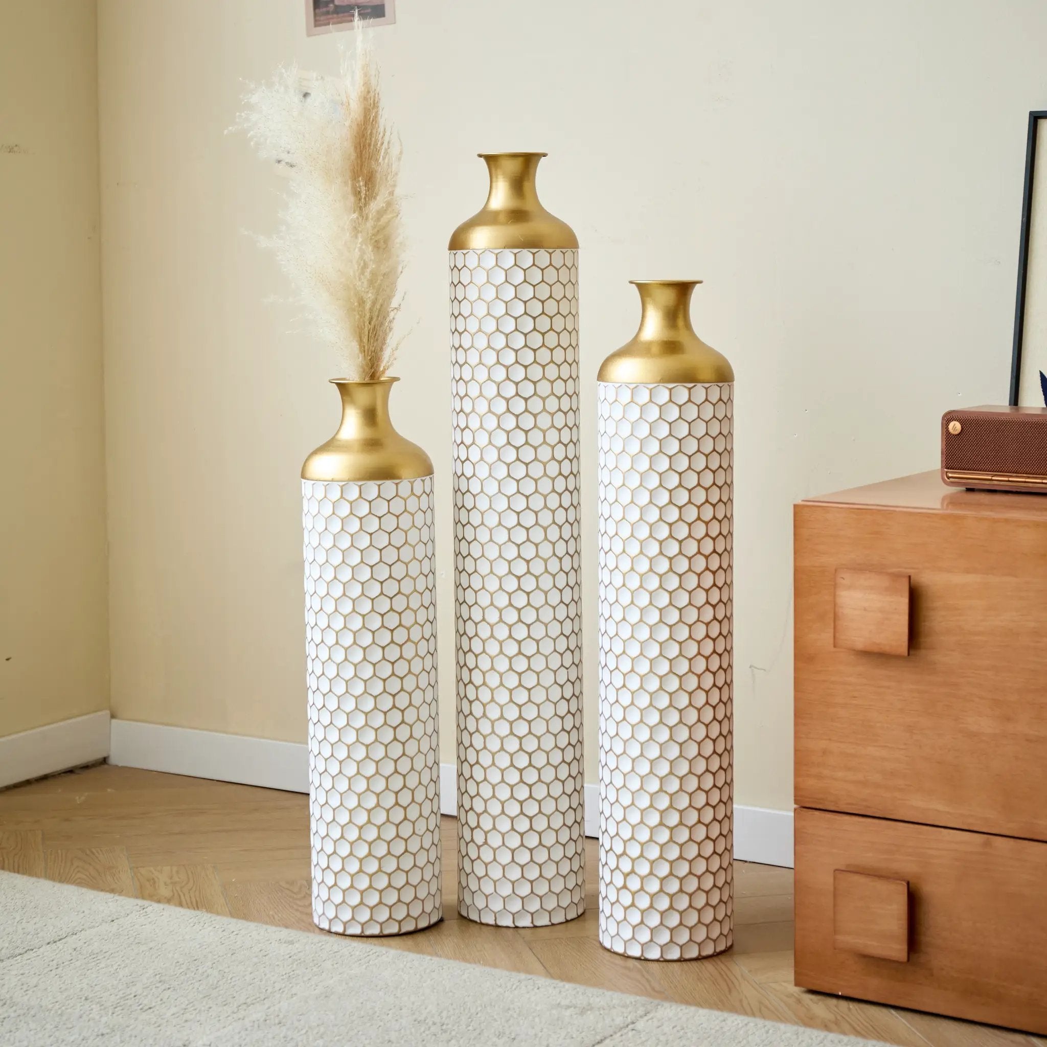 3-Piece Modern Metal Vase Set - White & Gold by HouseOfZazla