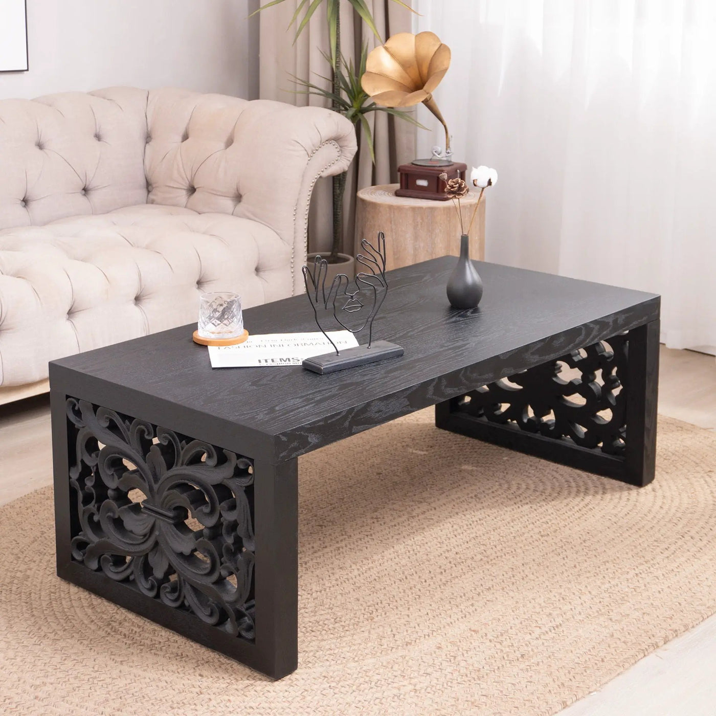 Rustic Carved Wood Coffee Table, Handcrafted Look With Ornate Side Panels by HouseOfZazla