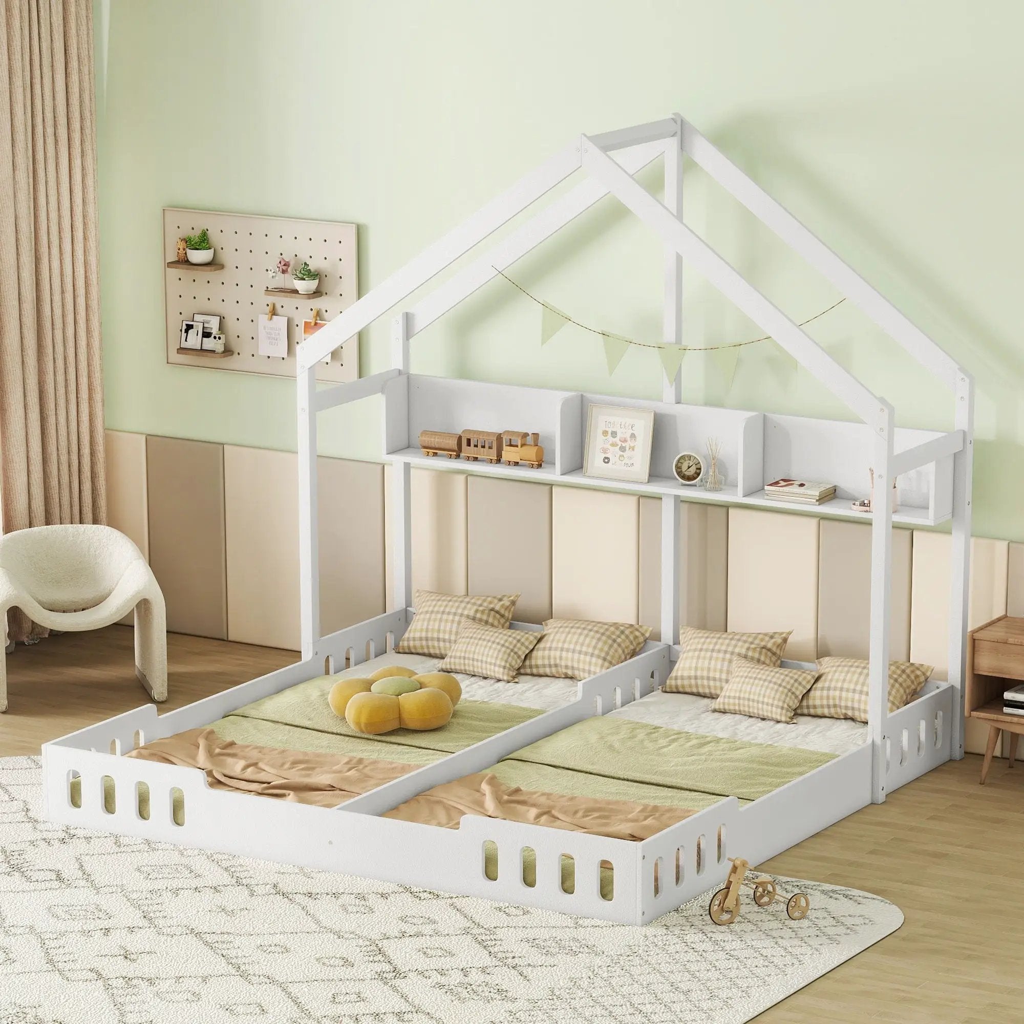 Twin Size Platform Bed With Shared Design, Guardrails, And Built In Shelves - Creamy White by Unique Piece Furniture