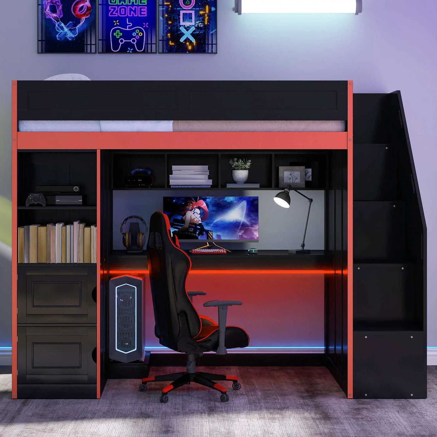 Gaming Loft Bed With Desk And Storage, LED Lights by Unique Piece Furniture