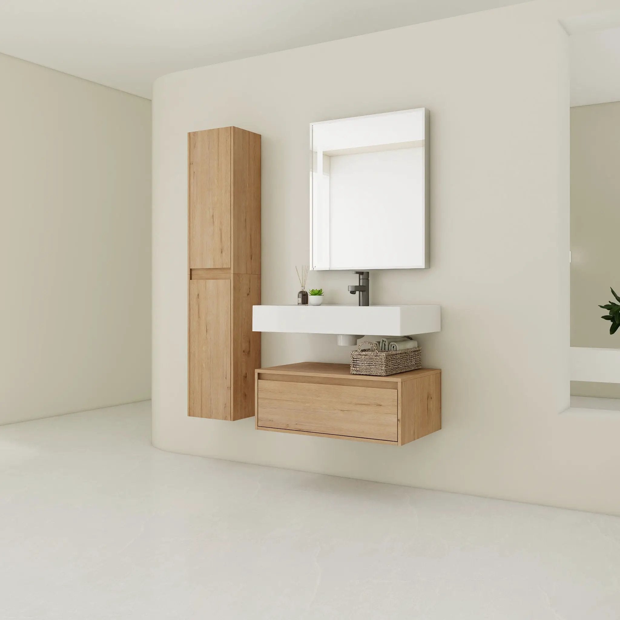 Modern Wall Mounted 30 Inch Bathroom Vanity With Resin Sink And 2 Side Cabinet In Imitative - Imitative Oak by Unique Piece Furniture