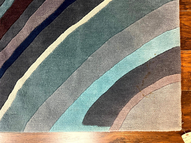 Modern Nepali Handmade Wool Rug 6x8, Blues Gray Mauve, Abstract, Nepali Tibetan Rug by Jewel Rugs