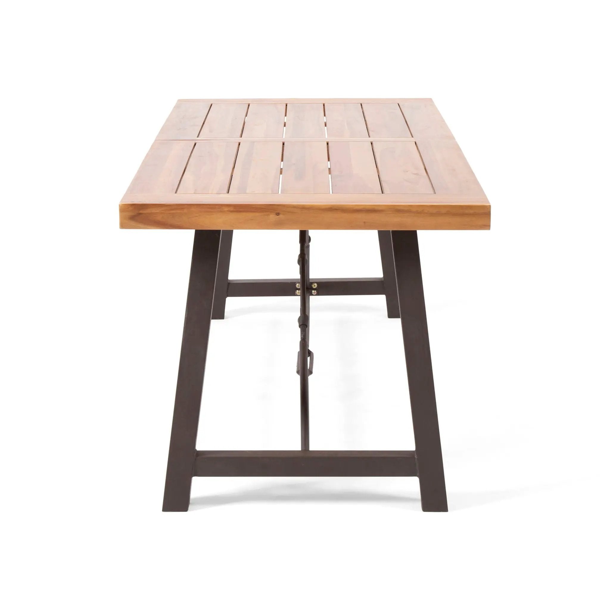 Outdoor Dining Table With Slat Wooden Panel And Turnbuckle Accents - Teak by HouseOfZazla