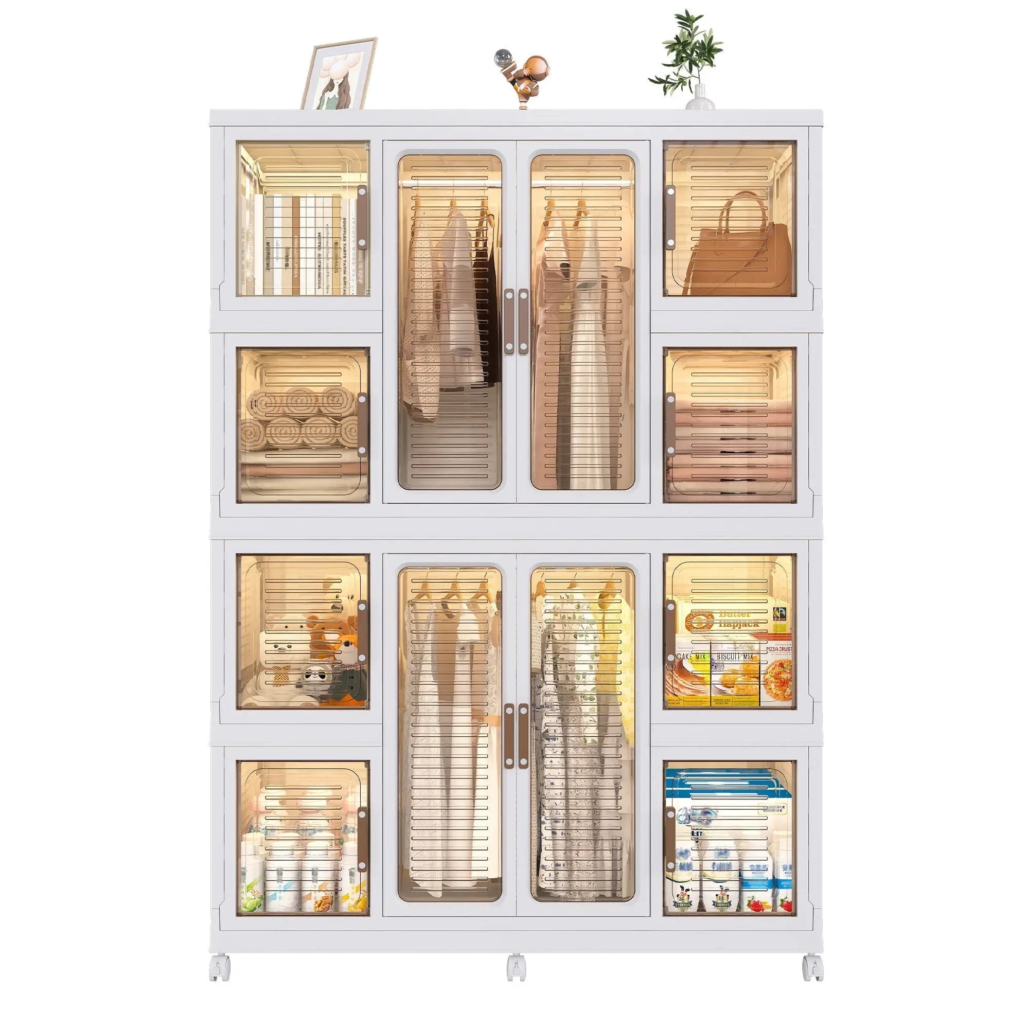 Portable Wardrobe Closet Storage Organizer For Clothes With Magnetic Doors, 12 Cubes & 2 Hanging Rods - White by HouseOfZazla
