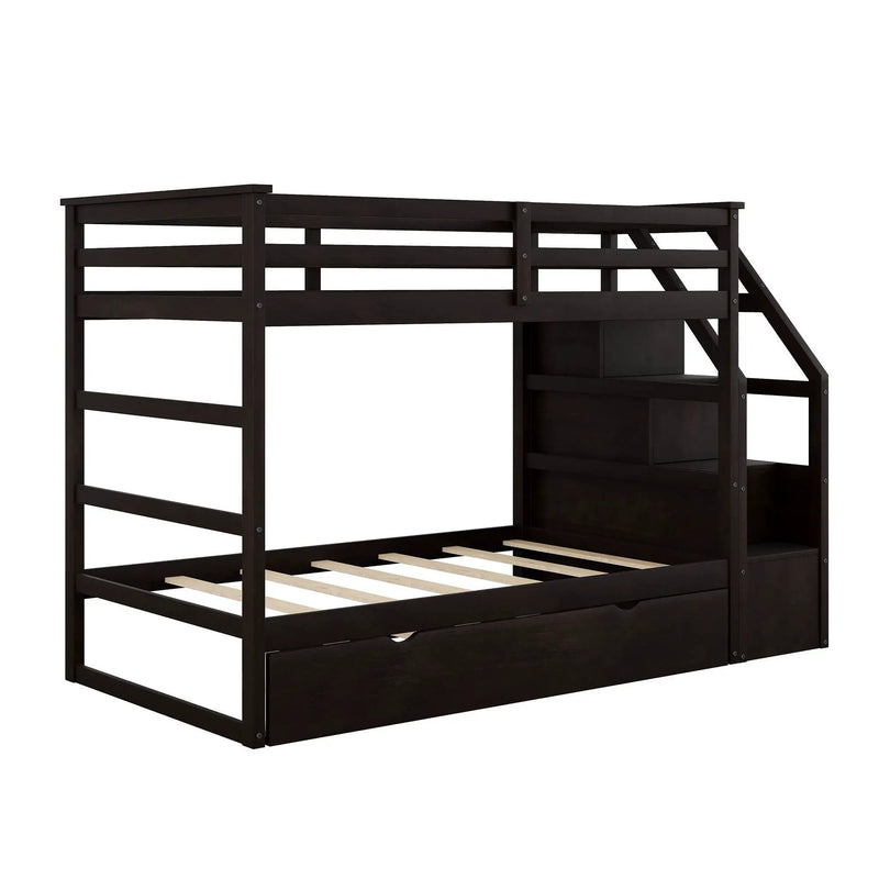 Twin Over Twin Bunk Bed With Twin Size Trundle And 3 Storage Stairs - Espresso by Unique Piece Furniture