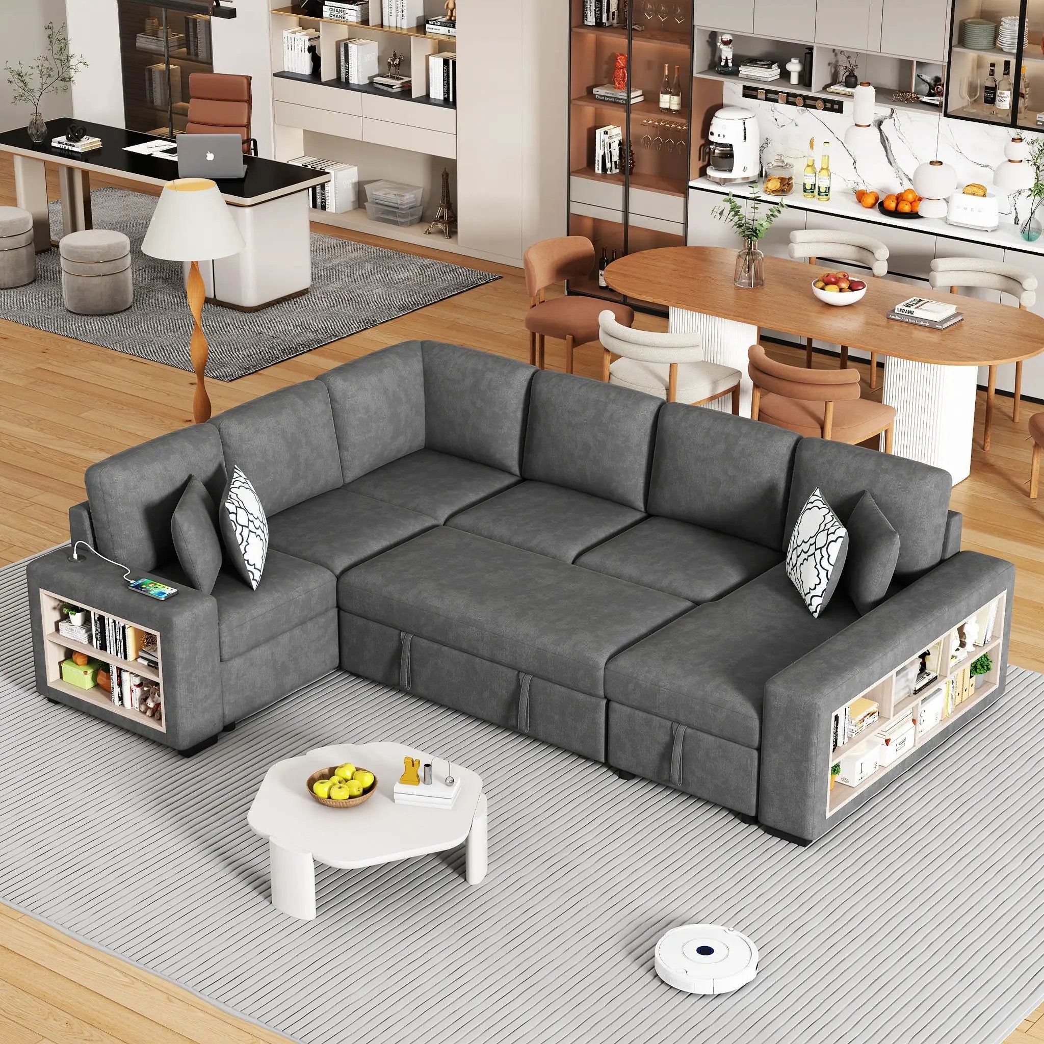 U-Shaped Sectional Sofa Pull-Out Sofa Bed With Two USB Ports, A Storage Chaise Lounge And Four Back Pillows For Living Room by HouseOfZazla