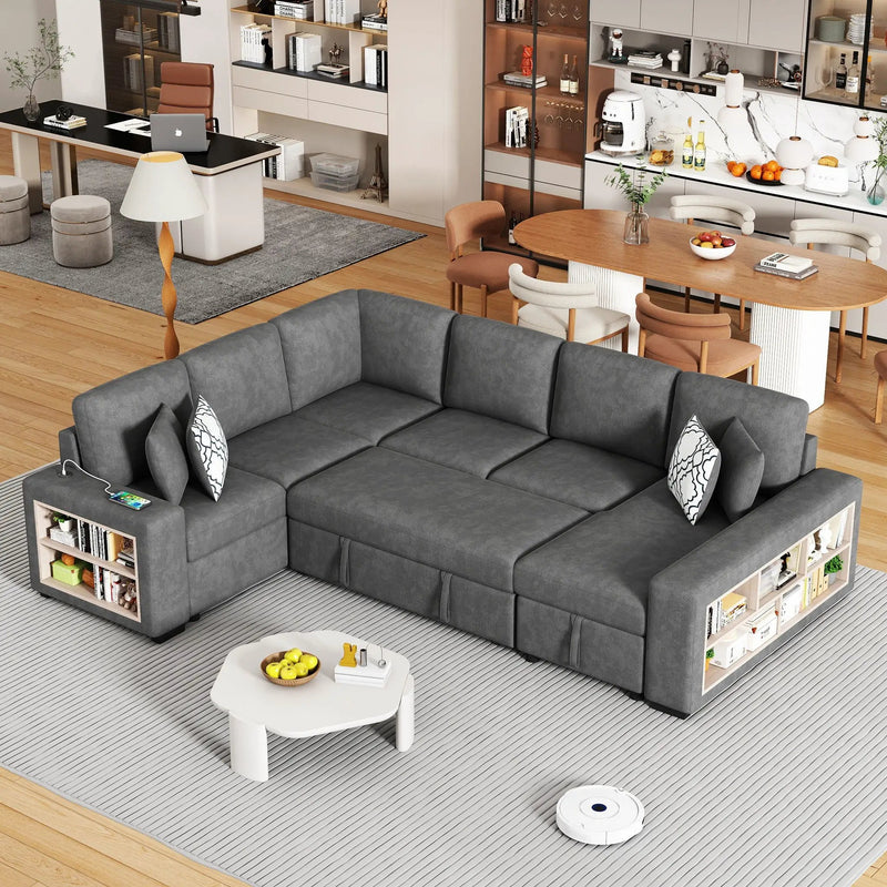 U-Shaped Sectional Sofa Pull-Out Sofa Bed With Two USB Ports, A Storage Chaise Lounge And Four Back Pillows For Living Room by HouseOfZazla