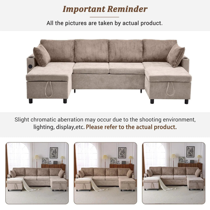 Sectional Sofa Bed With Pull Out Sleeper, USB Ports, Cup Holders by HouseOfZazla