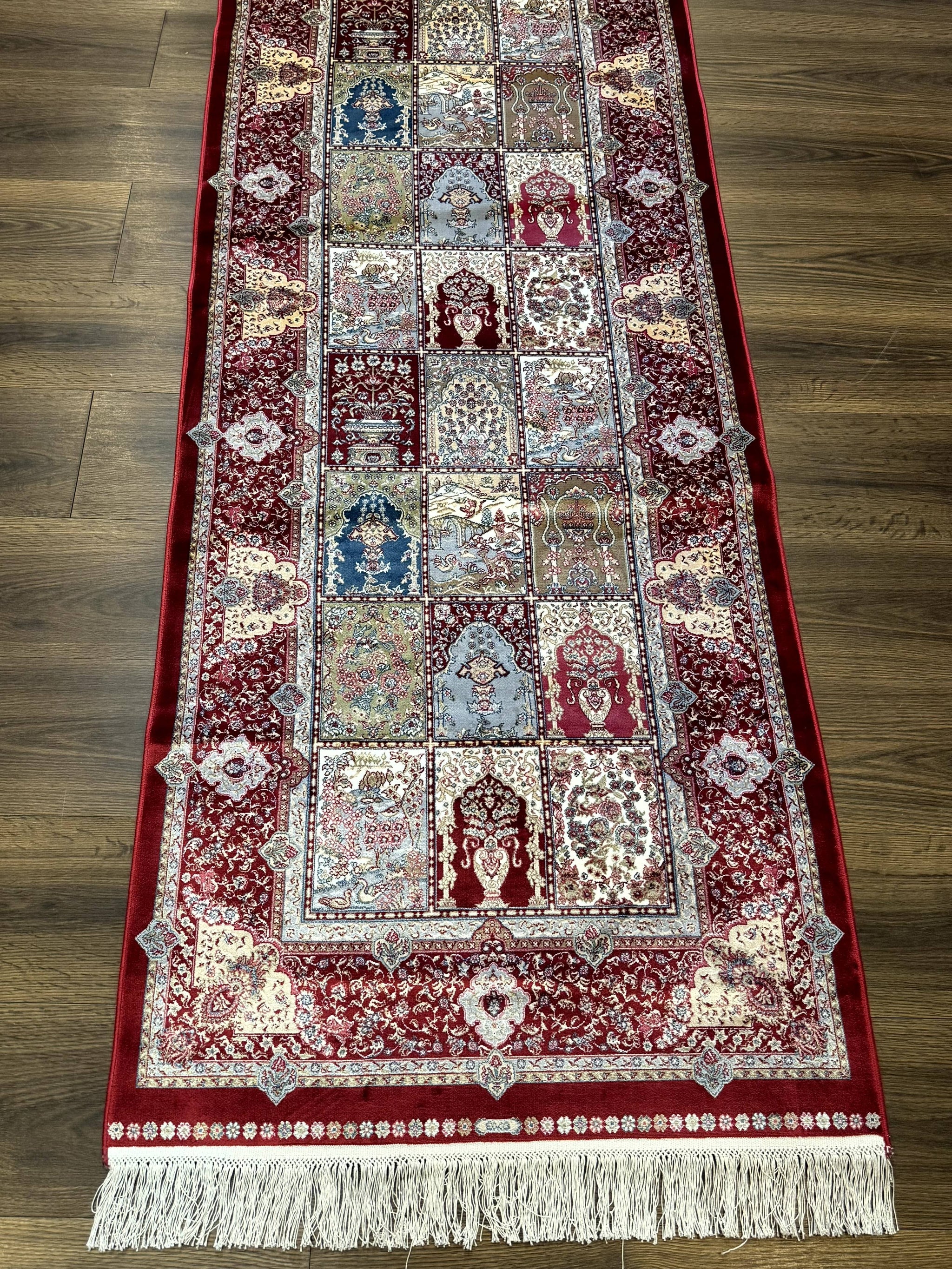 Turkish Silk Runner Rug 2.6 x 11.6, Panel Design, Dark Red Ivory, Bamboo Silk, New by Jewel Rugs