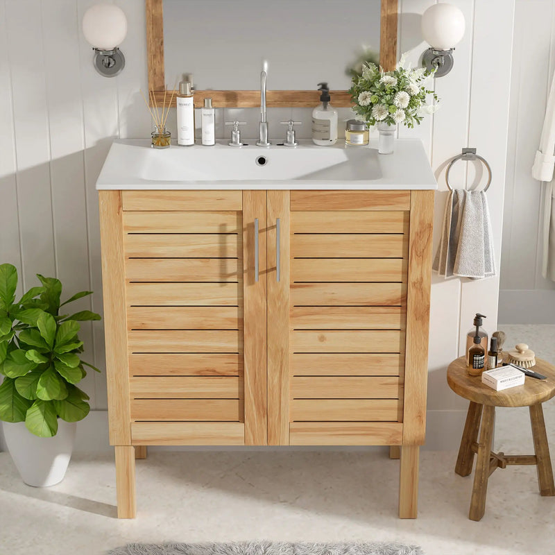 Bathroom Vanity With Ceramic Sink, Freestanding Cabinet - Antique Natural / Brown by HouseOfZazla