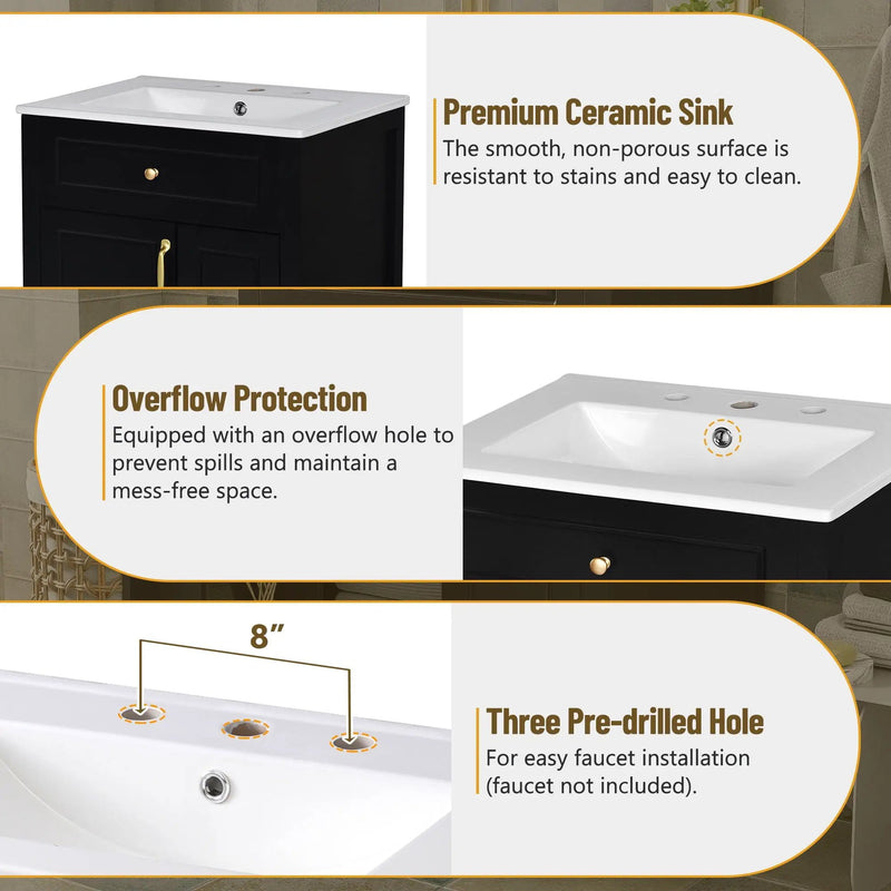 Elegant Bathroom Vanity With Ceramic Sink, Soft Close Doors And Drawers, Double Storage Racks by HouseOfZazla