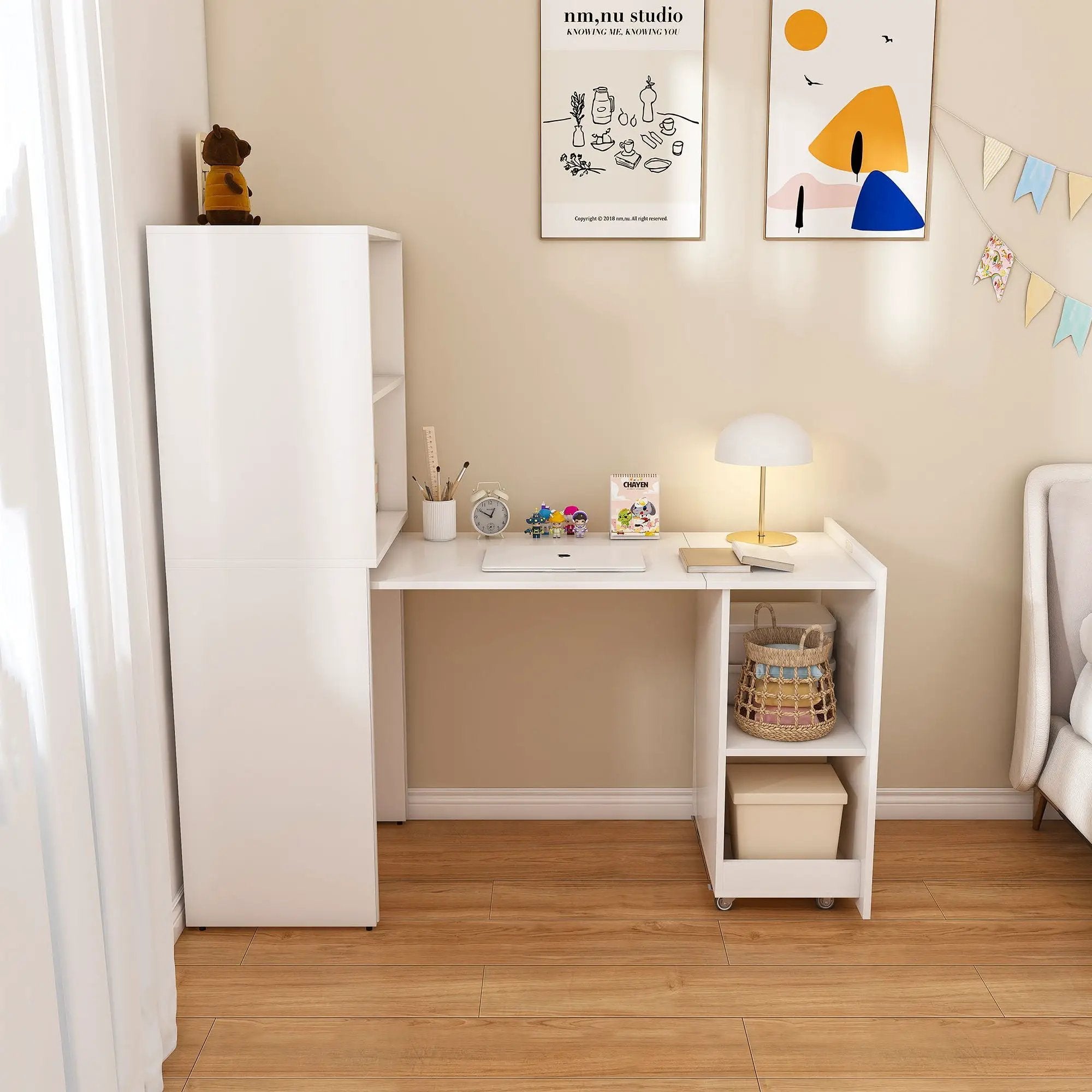 Stretchable Office Desk With Storage Shelves And Mobile Wheels by Unique Piece Furniture
