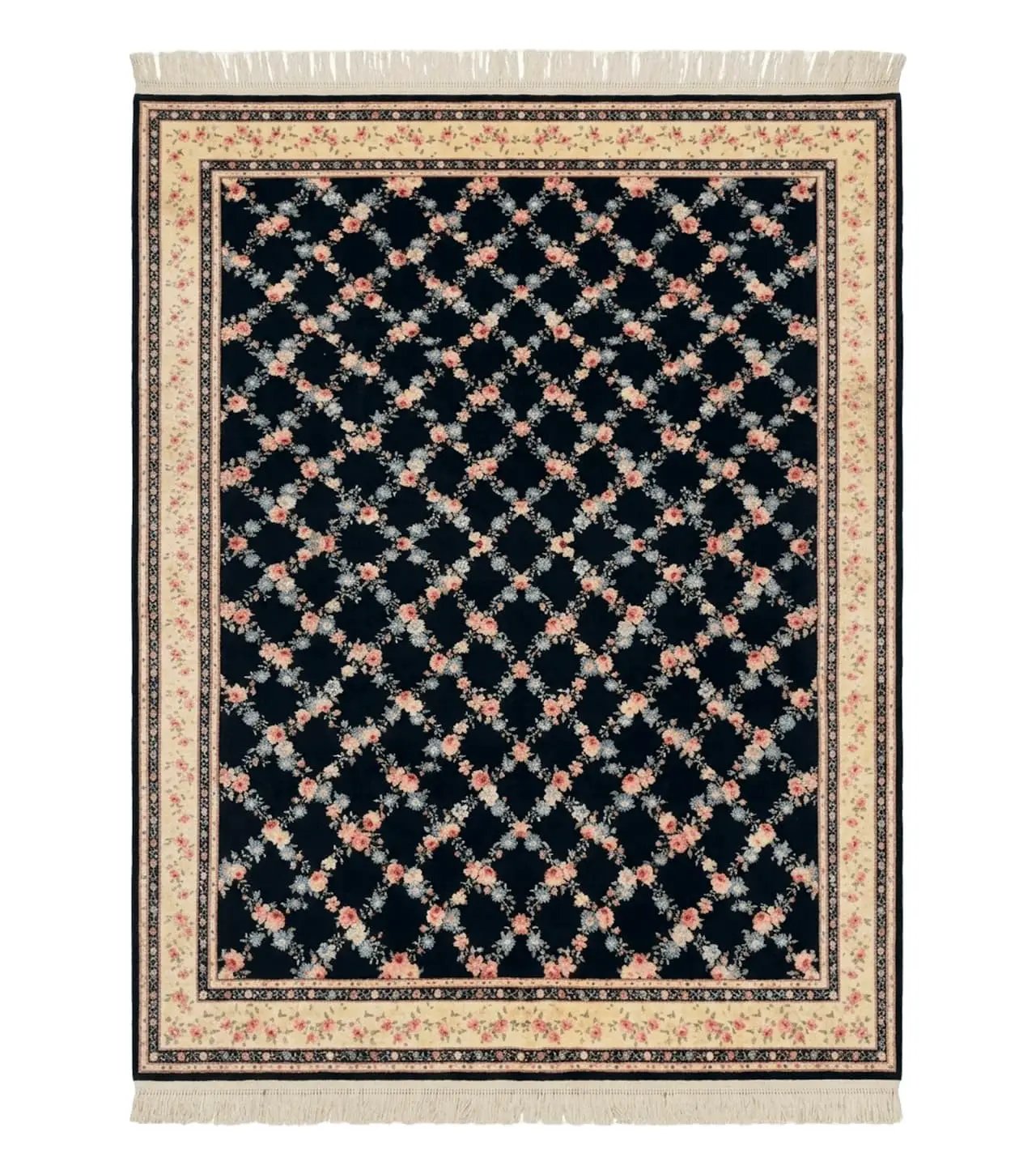 8.8 x 12 Karastan Garden of Eden Rug, Ebony Trellis #509/1270, Black, Floral, Wool Pile, Vintage, Discontinued by Jewel Rugs