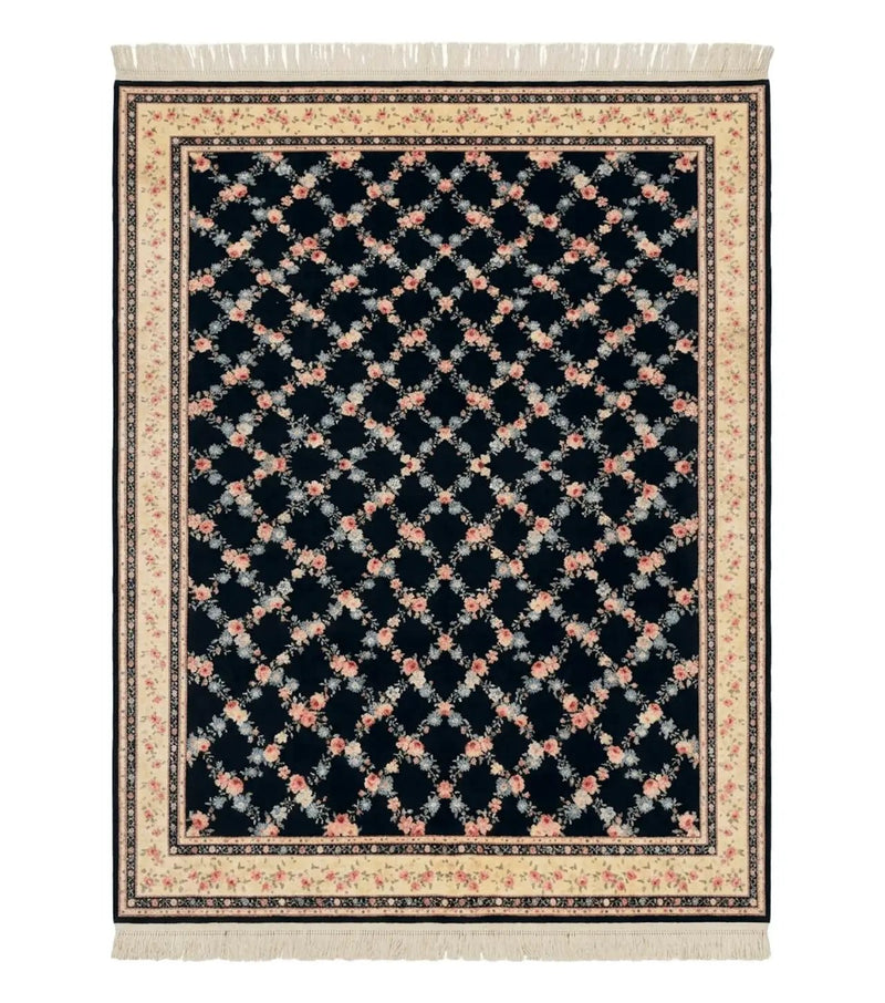 8.8 x 12 Karastan Garden of Eden Rug, Ebony Trellis #509/1270, Black, Floral, Wool Pile, Vintage, Discontinued by Jewel Rugs