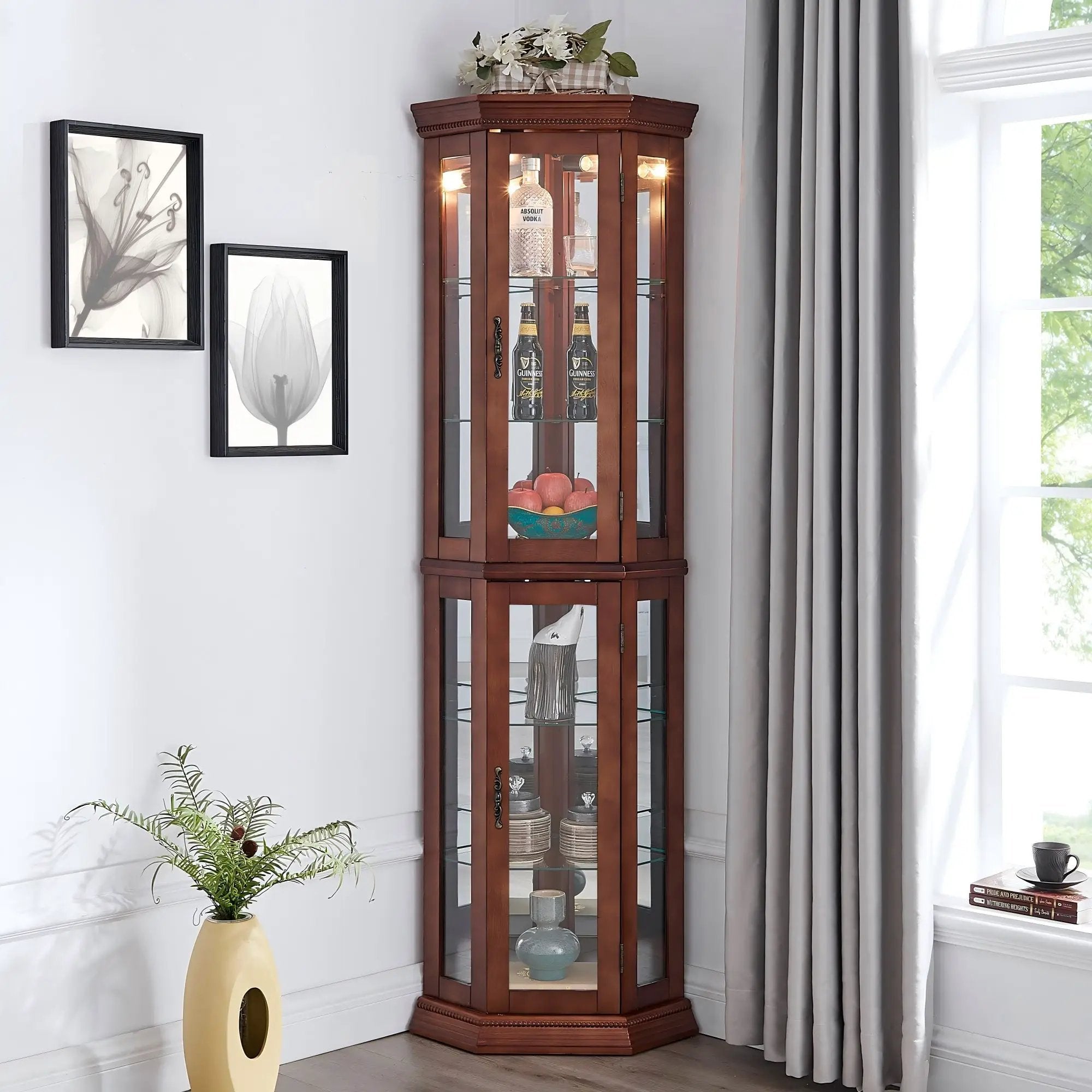 Corner Curio Cabinet With Lights, Adjustable Tempered Glass Shelves, Mirrored Back, Display Cabinet (E26 Light Bulb Not Included) by HouseOfZazla