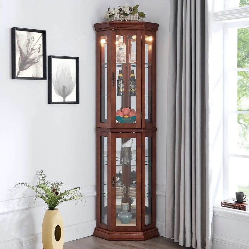 Corner Curio Cabinet With Lights, Adjustable Tempered Glass Shelves, Mirrored Back, Display Cabinet (E26 Light Bulb Not Included) by HouseOfZazla