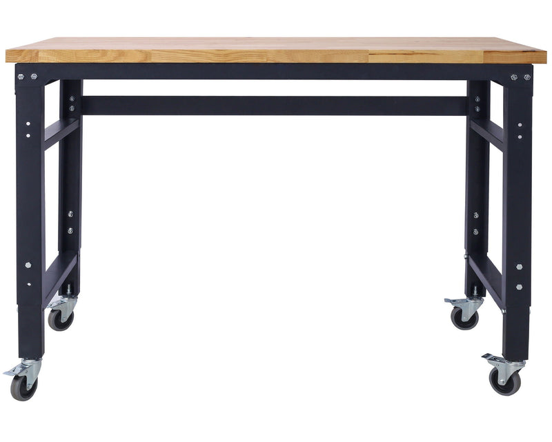 Wide Rolling Workbench For Garage, Adjustable Height, Workshop Tool Bench, Metal With Rubber Wood Top by HouseOfZazla