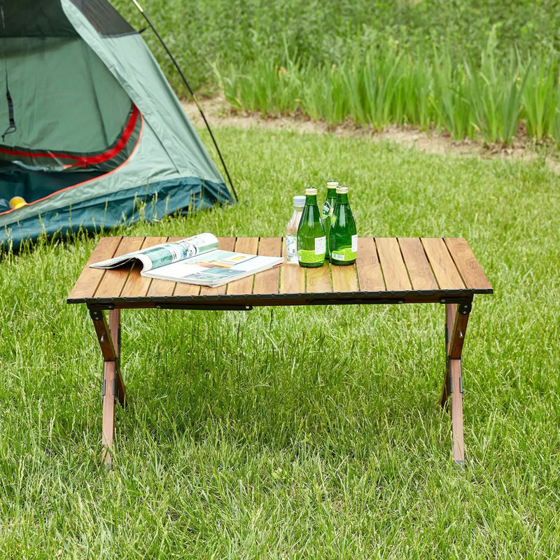Folding Outdoor Table, Lightweight Aluminum Roll-Up Rectangular Table For Indoor, Outdoor Camping, Picnics, Beach, Backyard, Bbq, Party, Patio - Brown by HouseOfZazla