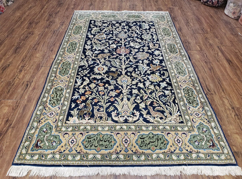Semi Antique Persian Qum Tree of Life Rug, Hand-Knotted, Wool, Midnight Blue and Tan, Animal Pictorials, Written Poem in Borders, 4' 8" x 7' 8" by Jewel Rugs