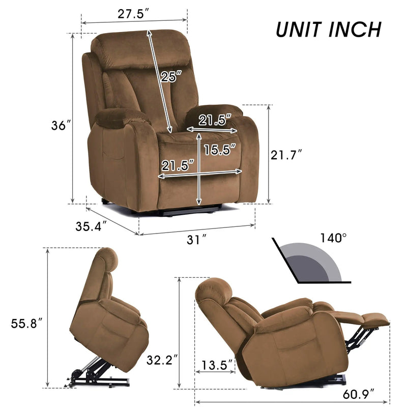 Lift Chair Recliner Power Remote Control Recliner Sofa Relax Soft Chair Anti - Skid Australia Cashmere Fabric Furniture Living Room - Brown by HouseOfZazla