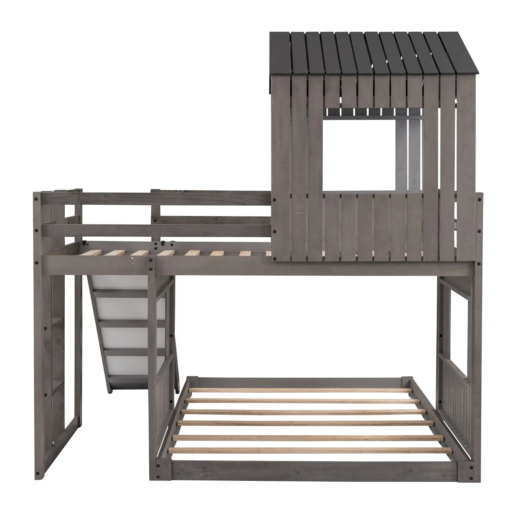 Loft Bunk Bed With Playhouse, Farmhouse, Ladder, Slide And Guardrails by HouseOfZazla