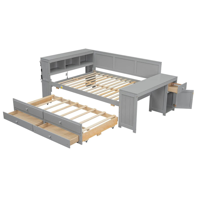 Daybed With Storage Shelves, Drawers, Trundle, Charging Station, LED Light, Desk And Cabinet by HouseOfZazla
