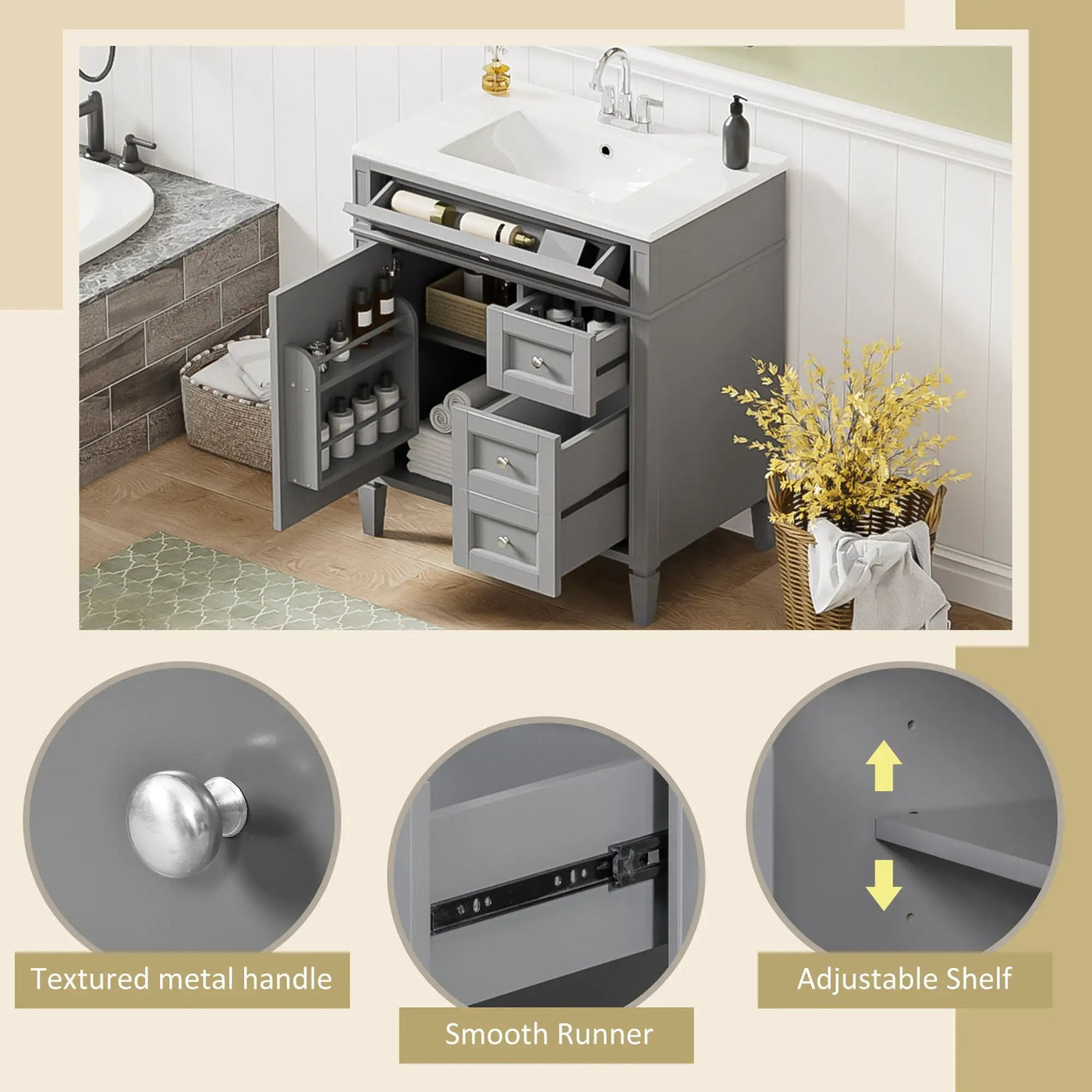 Bathroom Vanity With Top Sink, 2 Drawers & Tip Out Drawer by Unique Piece Furniture