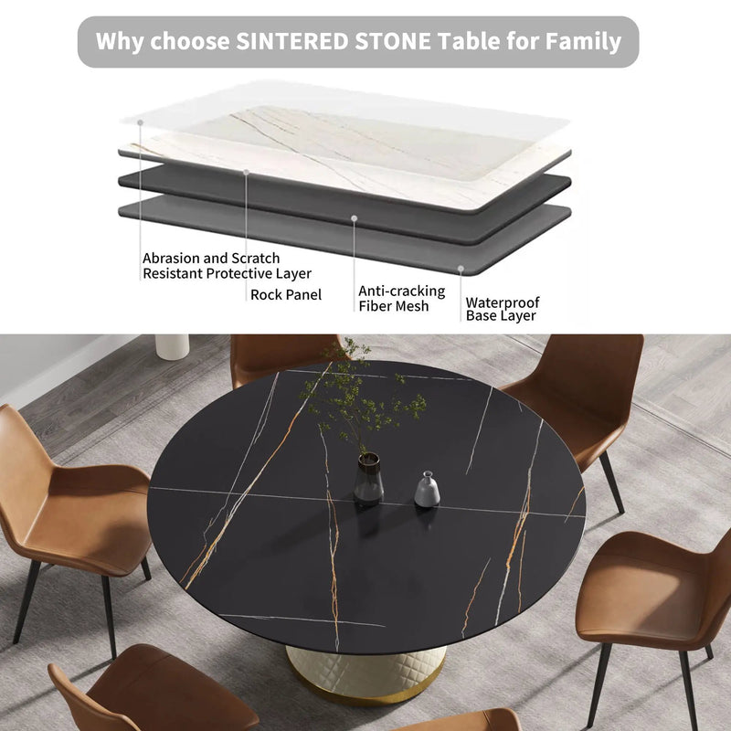 59.05" Modern Artificial Stone Round Carbon Steel Base Dining Table, Can Accommodate 6 People - Black / White by HouseOfZazla